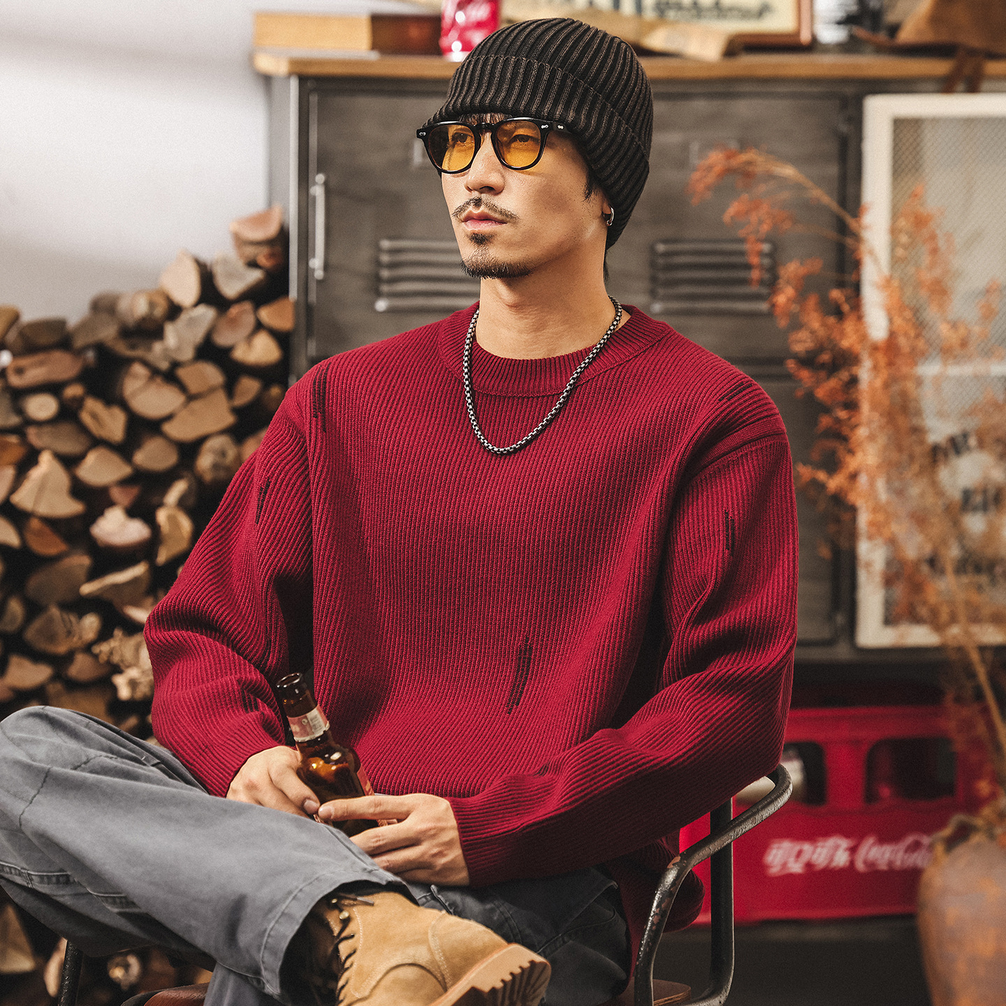 美式重磅復古波爾多紅色毛衣男秋季2025新款男士針織衫秋冬外套男