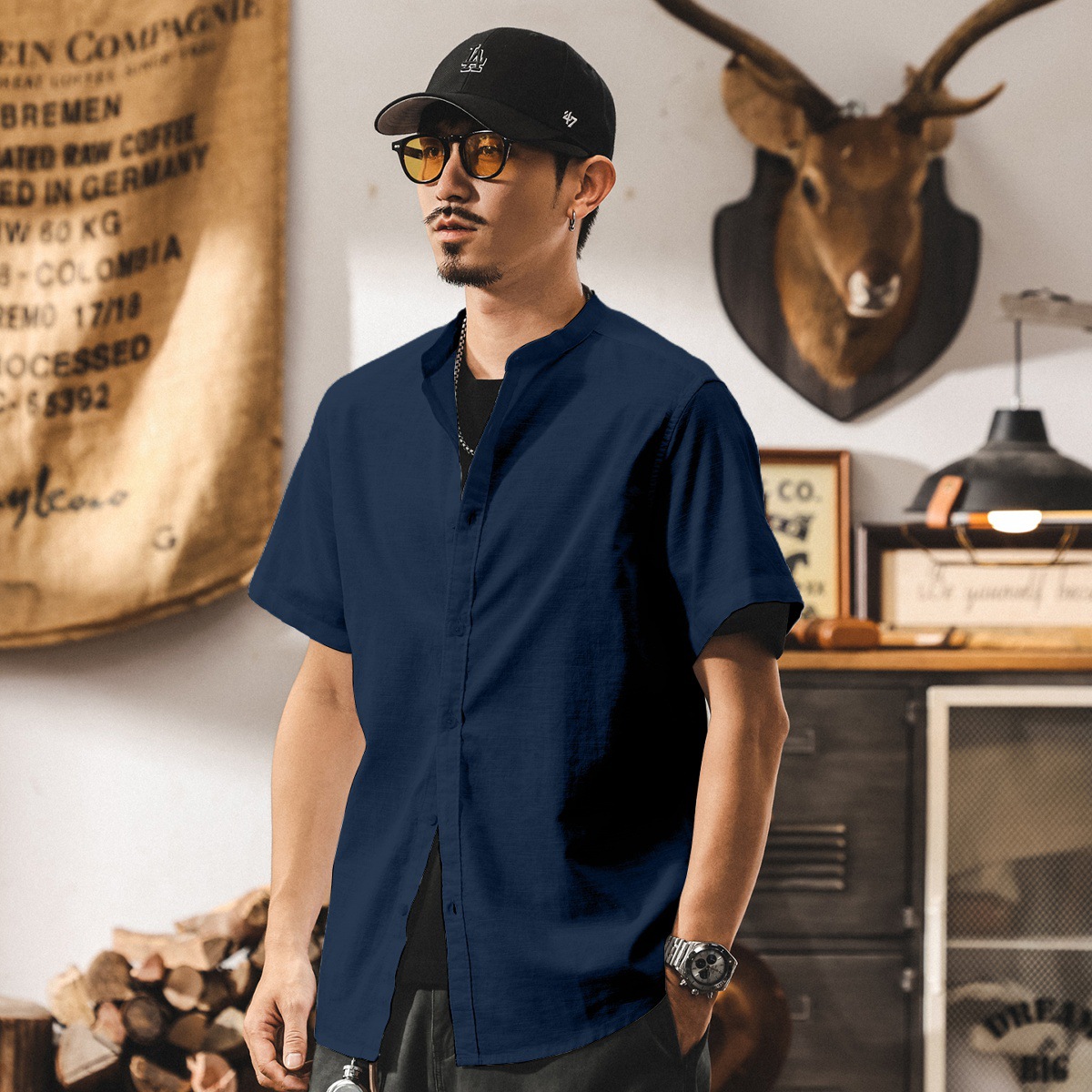 中式復古高級感棉麻襯衫男士短袖夏季新款潮牌寬鬆立領國風襯衣男