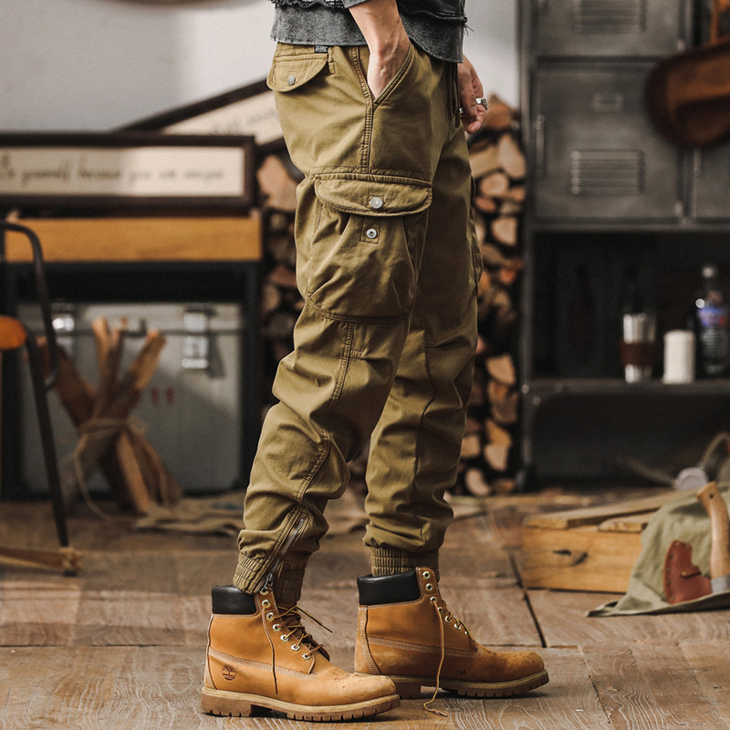 美式復古秋季工裝褲子男2024新款寬鬆休閒褲戶外機能戰術束腳褲男