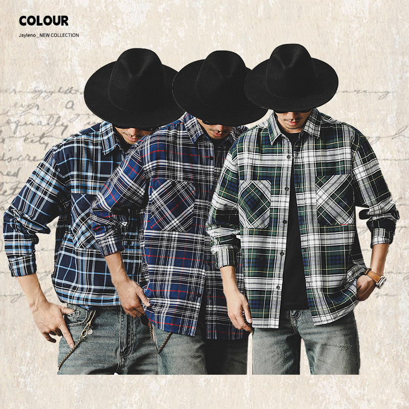 杰雷諾美式復古長袖襯衫男潮牌上衣男士2024碳素磨毛英倫休閒襯衣