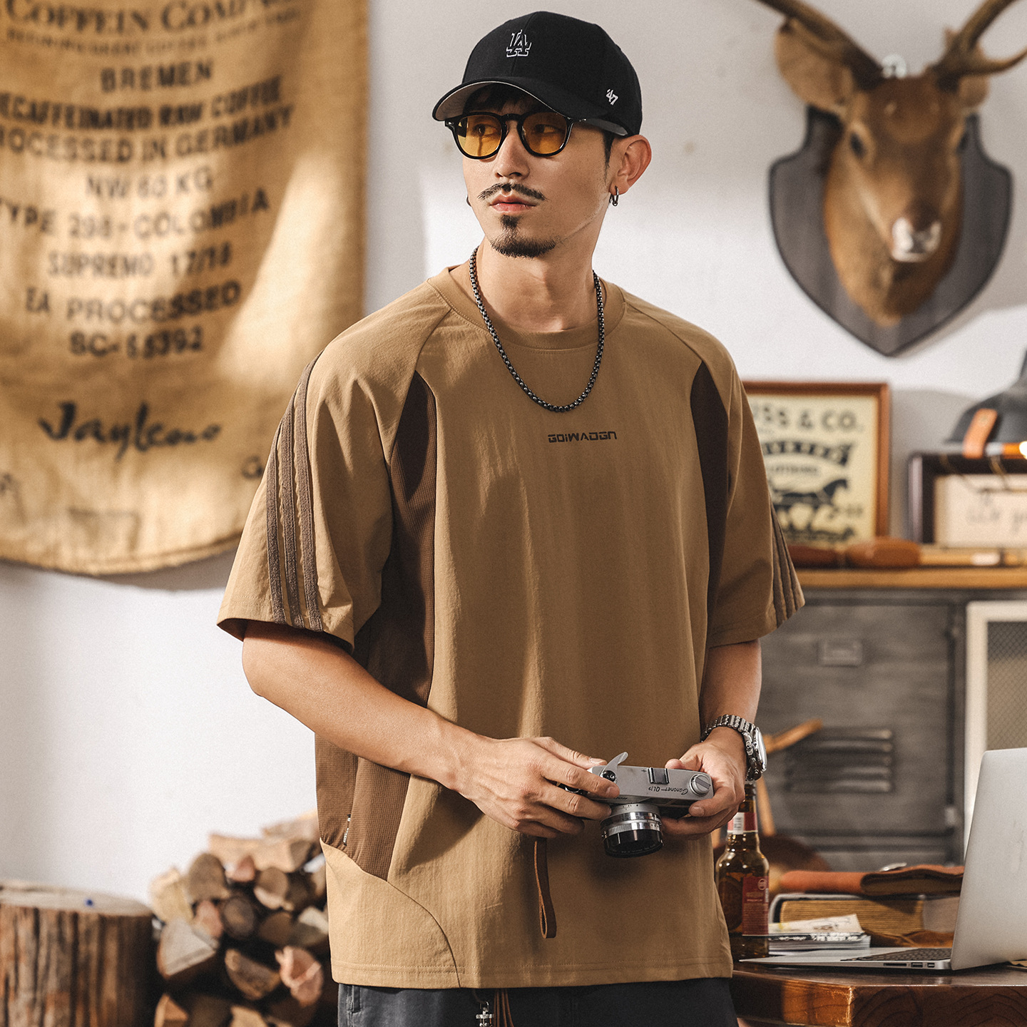 美式夏季新款短袖T恤男士潮牌拼接撞色寬鬆大碼半袖男裝休閒上衣T