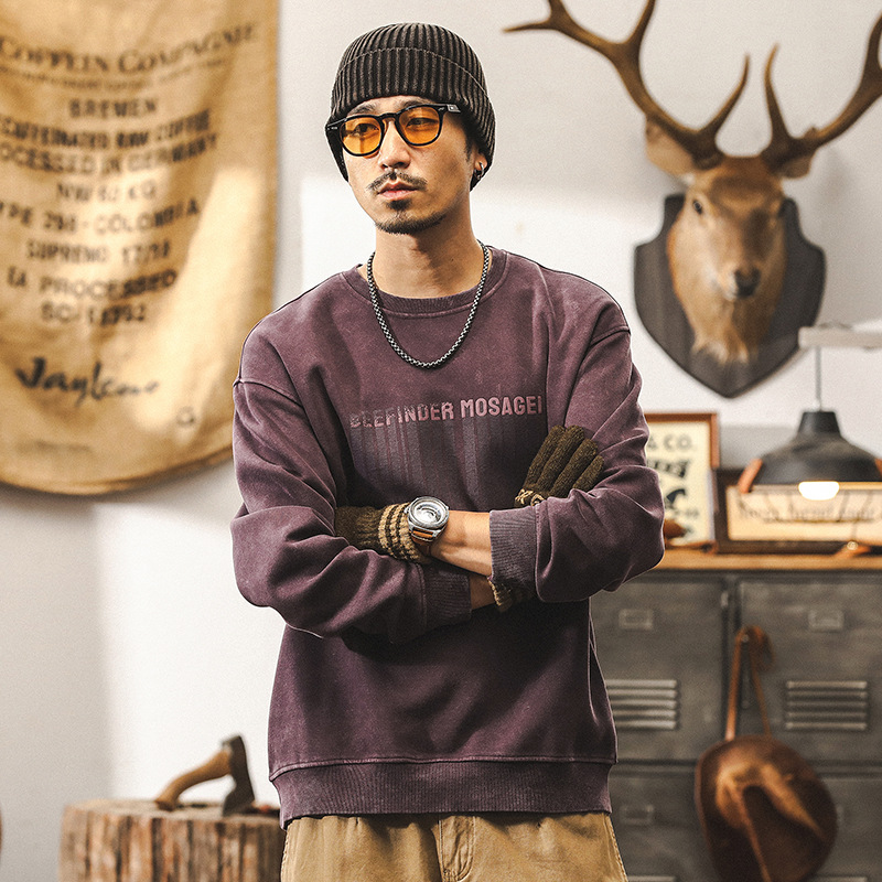 美式復古重磅蠟染衛衣男秋季潮牌設計感印花紫色上衣寬鬆大碼男裝