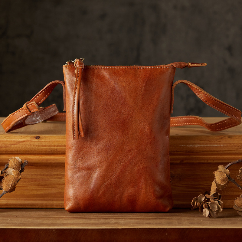 手工植鞣牛皮手機包男豎款單肩包休閒百搭質感頭層牛皮斜挎小包女