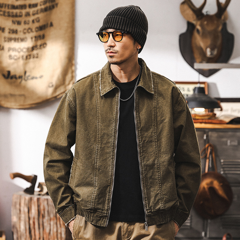 美式復古水洗磨損做舊工裝夾克男秋季新款潮牌阿美咔嘰外套男春秋