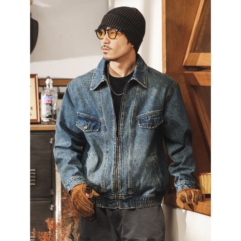 美式復古潮牌拼接解構牛仔外套男春秋款重水洗寬鬆短款工裝夾克男