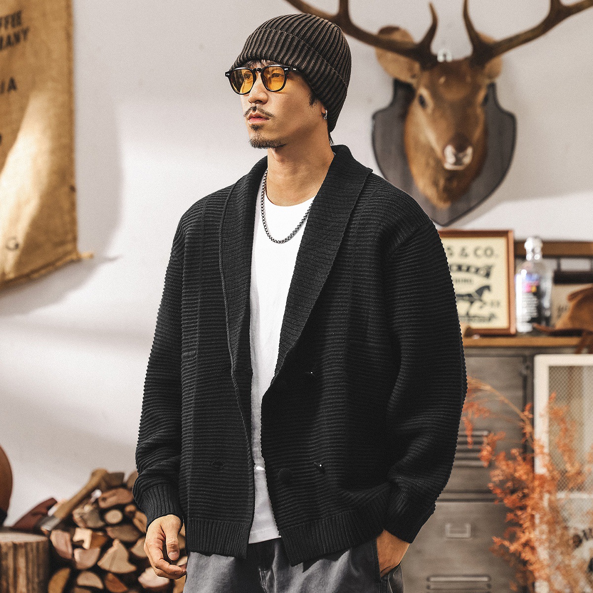 美式重磅復古毛衣男秋冬款慵懶風開衫外套男潮牌戧駁領寬鬆針織衫