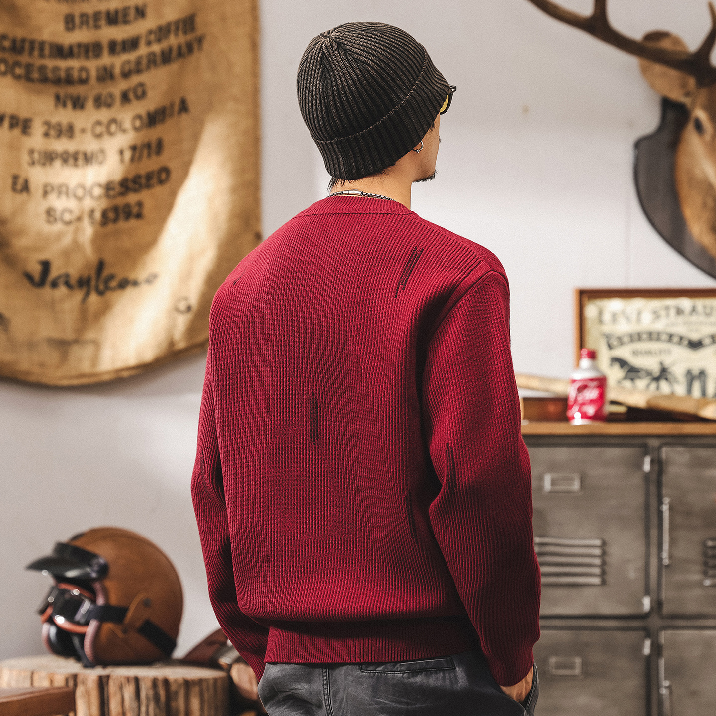 美式重磅復古波爾多紅色毛衣男秋季2025新款男士針織衫秋冬外套男