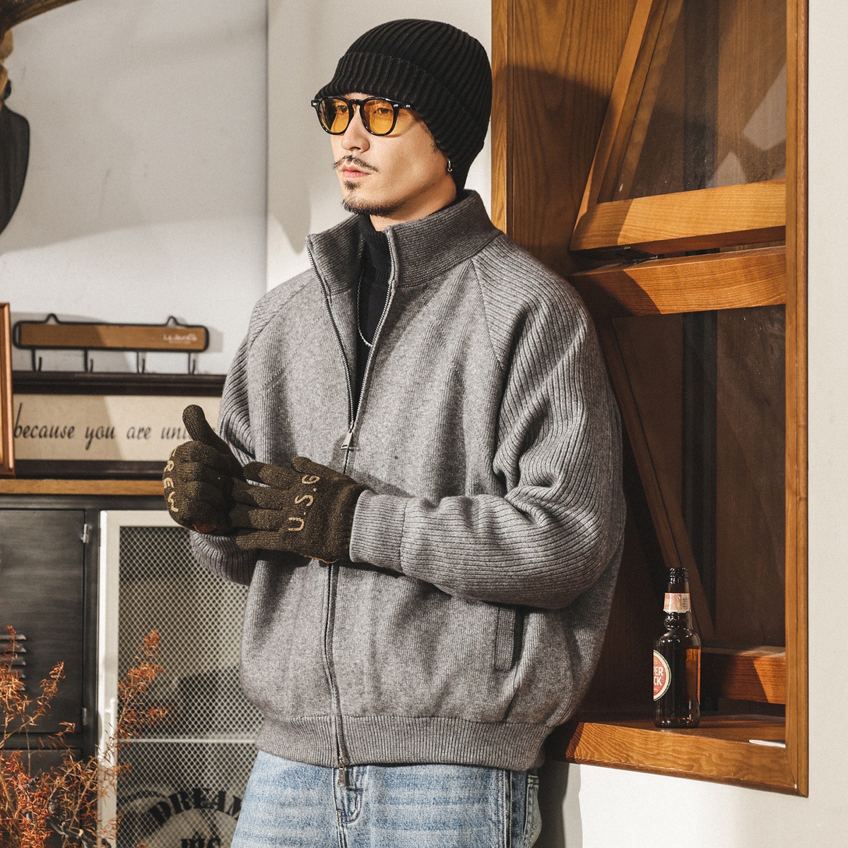 美式復古針織羽絨服男款冬季加厚半高領男士毛衣寬鬆抗寒保暖外套