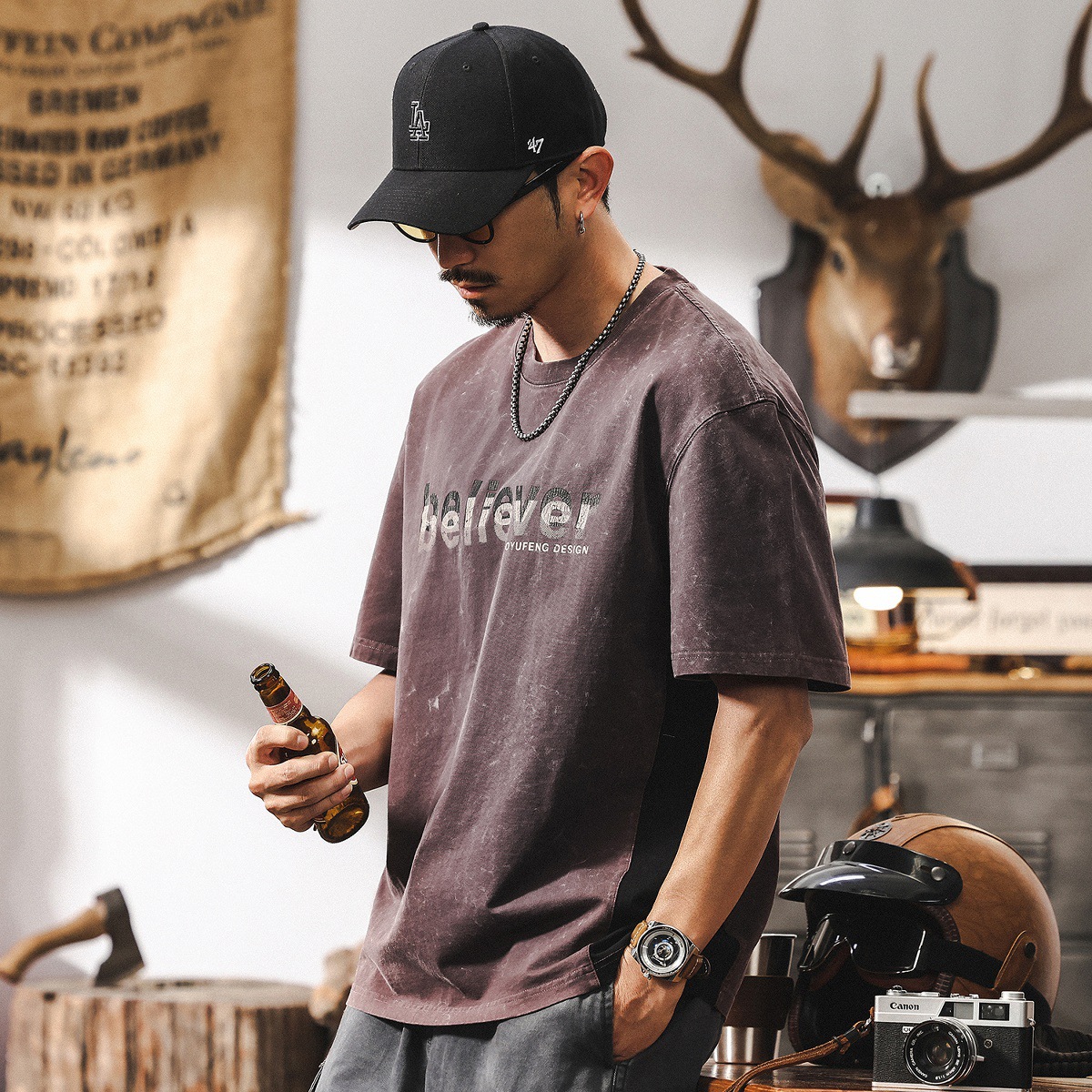 美式復古做舊水洗重磅T恤男夏季短袖2025新款潮牌酒紅色上衣