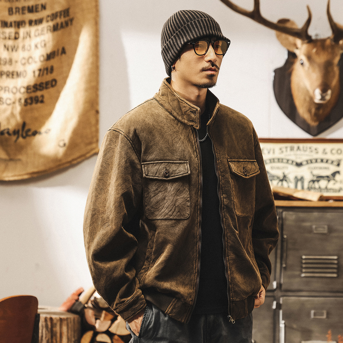 美式復古斑駁蠟感皮夾克男秋季新款潮牌寬鬆秋冬阿美咔嘰工裝外套