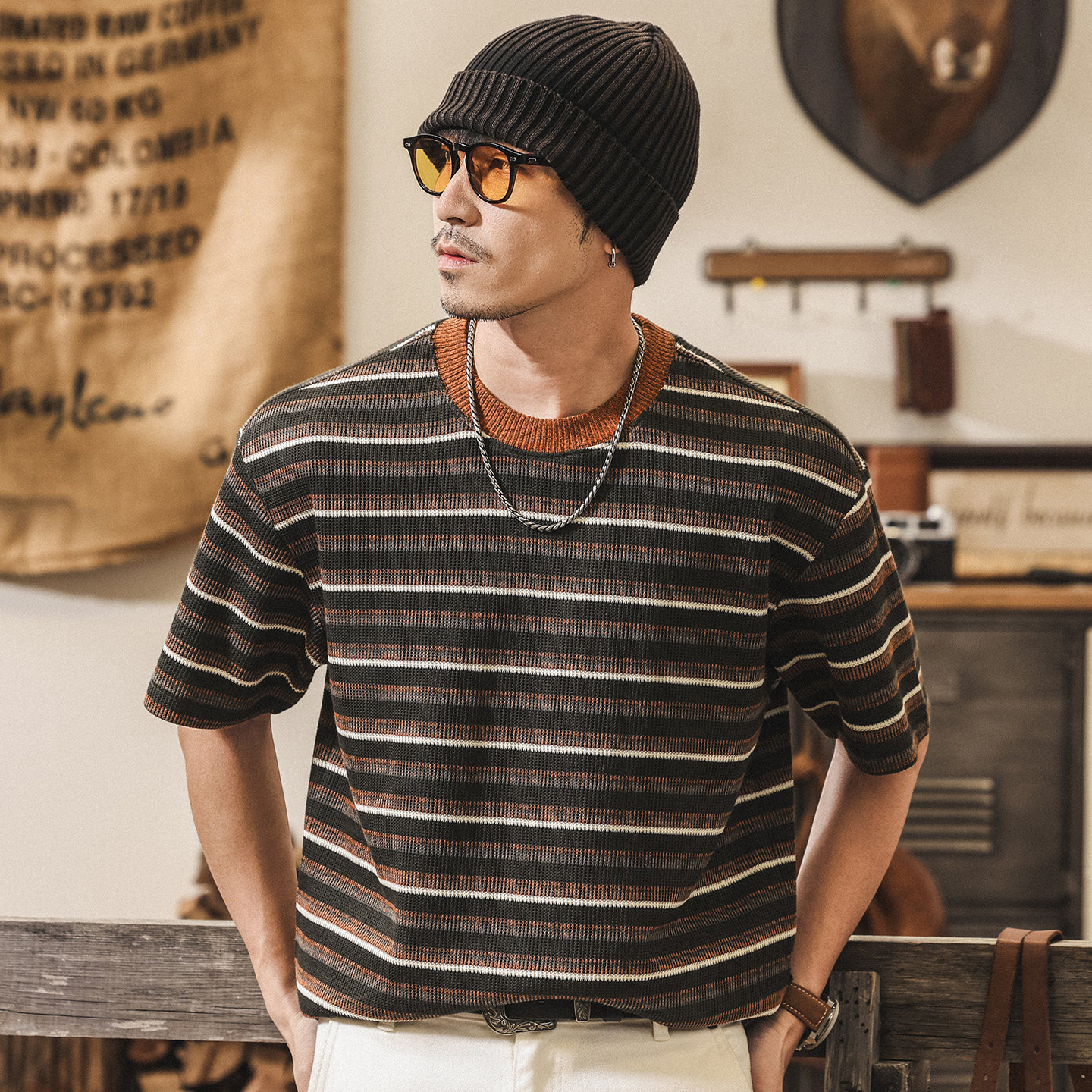 美式復古條紋針織短袖男款T恤夏季潮流新款老錢風寬鬆休閒上衣男
