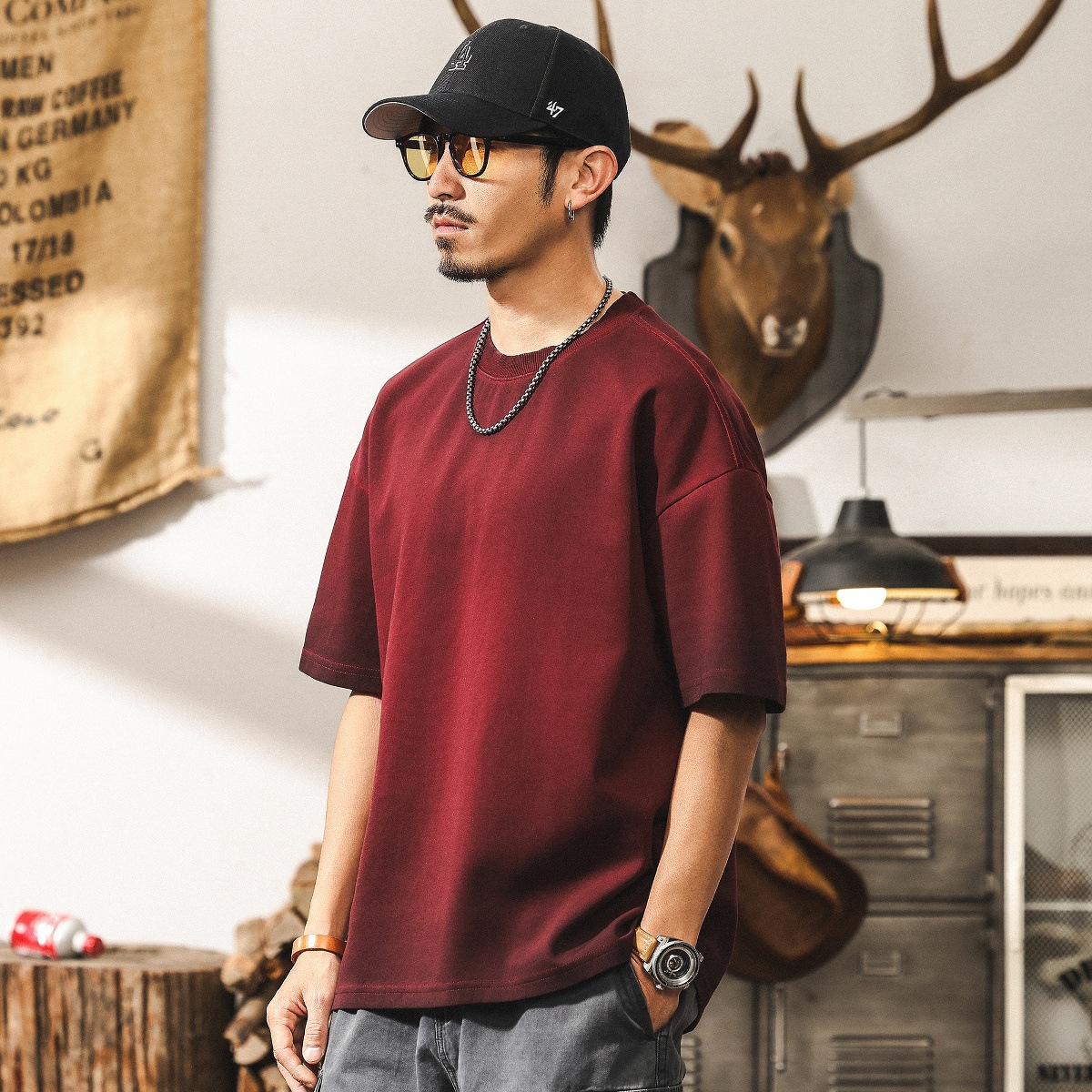 美拉德復古髒染水洗美式短袖男款夏季300g重磅T恤男寬鬆男士上衣T