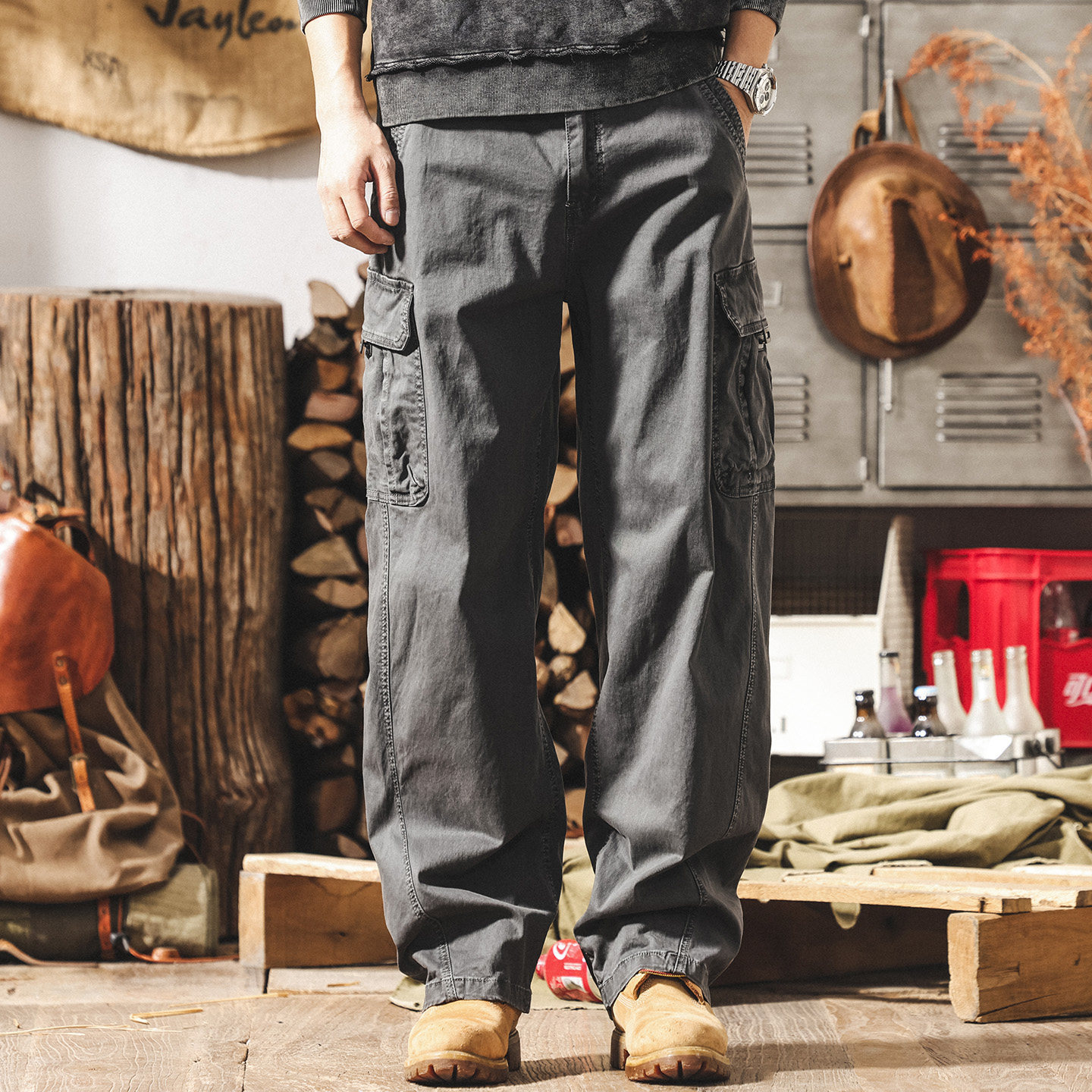 美式復古vibe風水洗廓形工裝褲子男春季新款寬鬆闊腿直筒休閒褲男