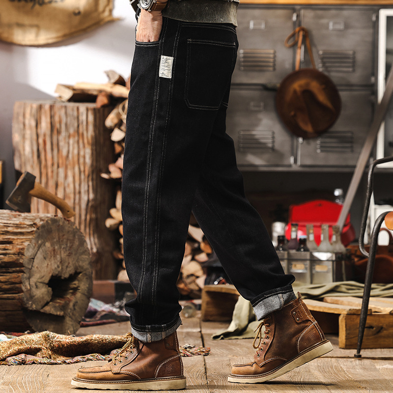 活性染不掉色黑色水洗牛仔褲男春季美式復古潮牌彈力直筒休閒褲男
