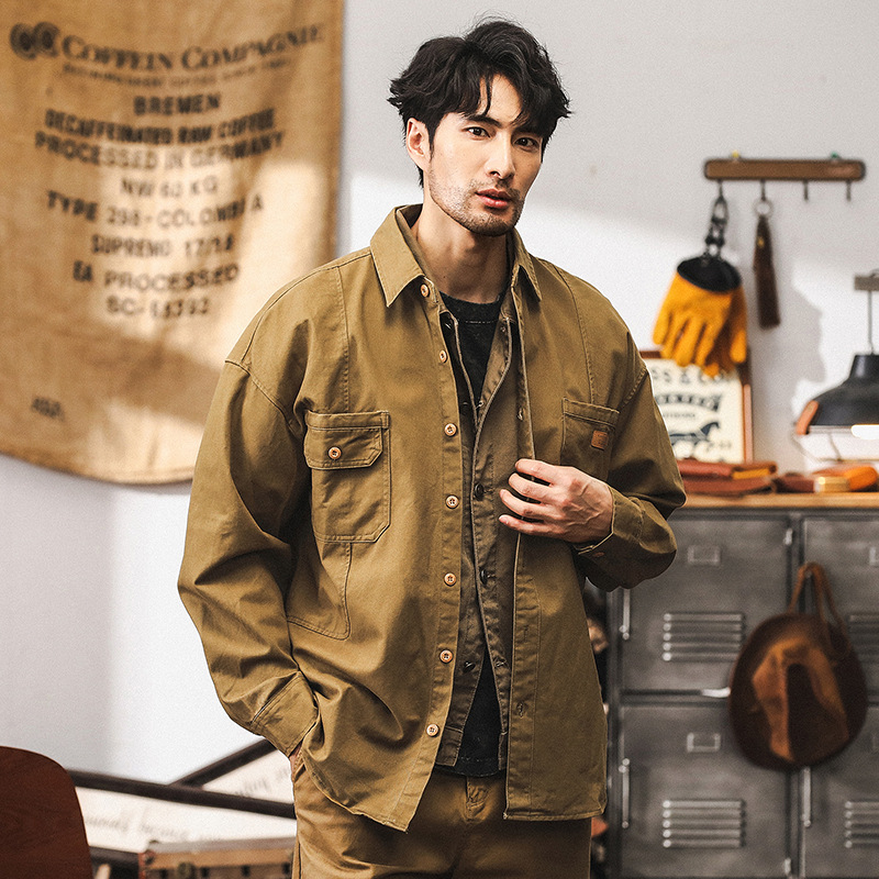 美式復古卡其色工裝襯衫男長袖秋季寬鬆水洗硬漢獵裝夾克男款外套