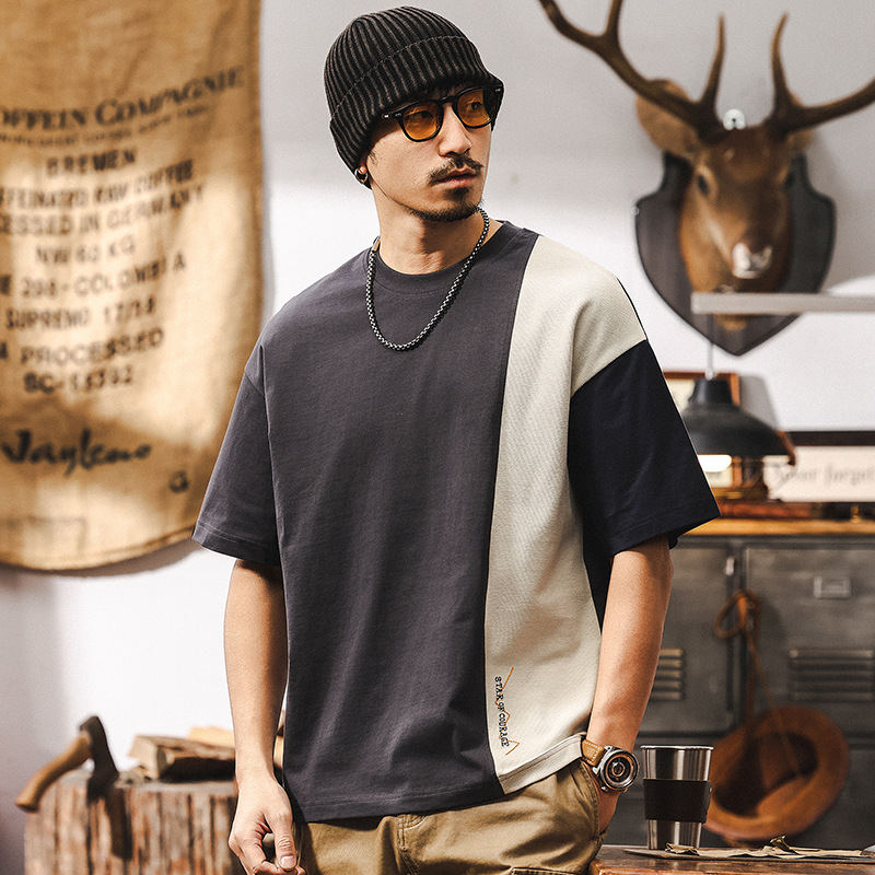 250g重磅T恤男美式復古2025新款潮流拼色短袖男夏季寬鬆男士上衣T