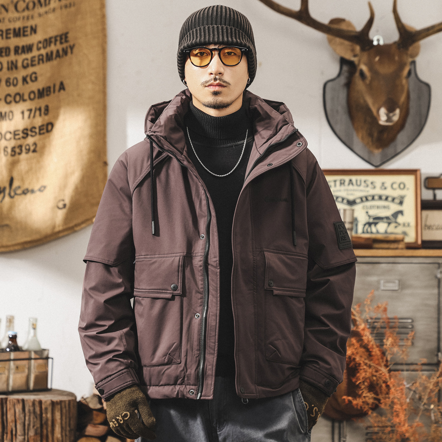 美式復古90純白鴨絨連帽工裝羽絨服男冬季加厚保暖禦寒派克服外套