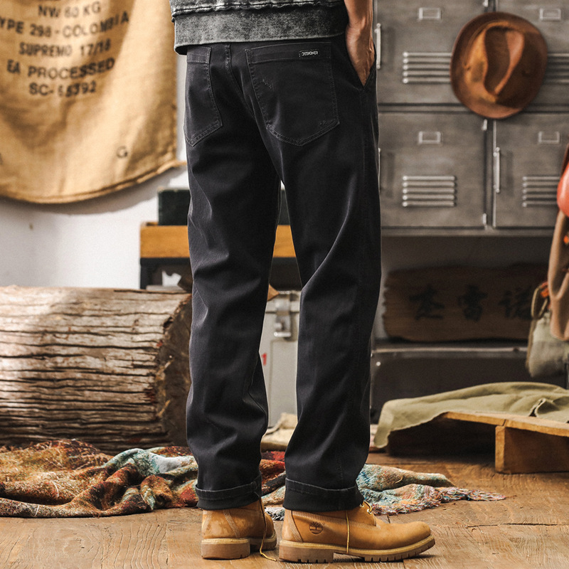 美式重磅雙股紗休閒褲男秋季寬鬆直筒復古褲子男石磨水洗牛仔長褲