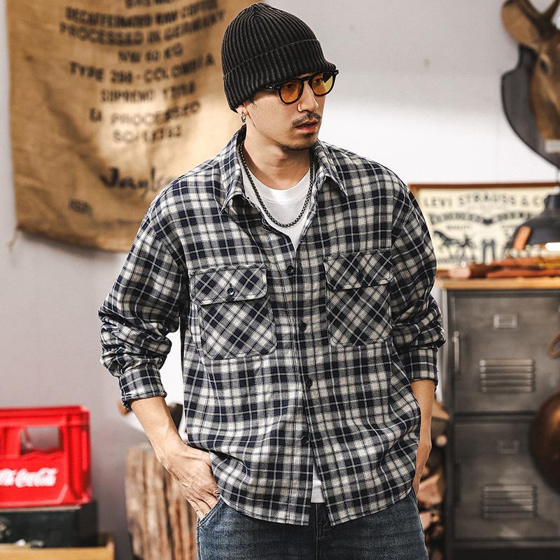 美式復古棉麻格紋長袖襯衫男春季2025新款潮牌日系寬鬆休閒襯衣男