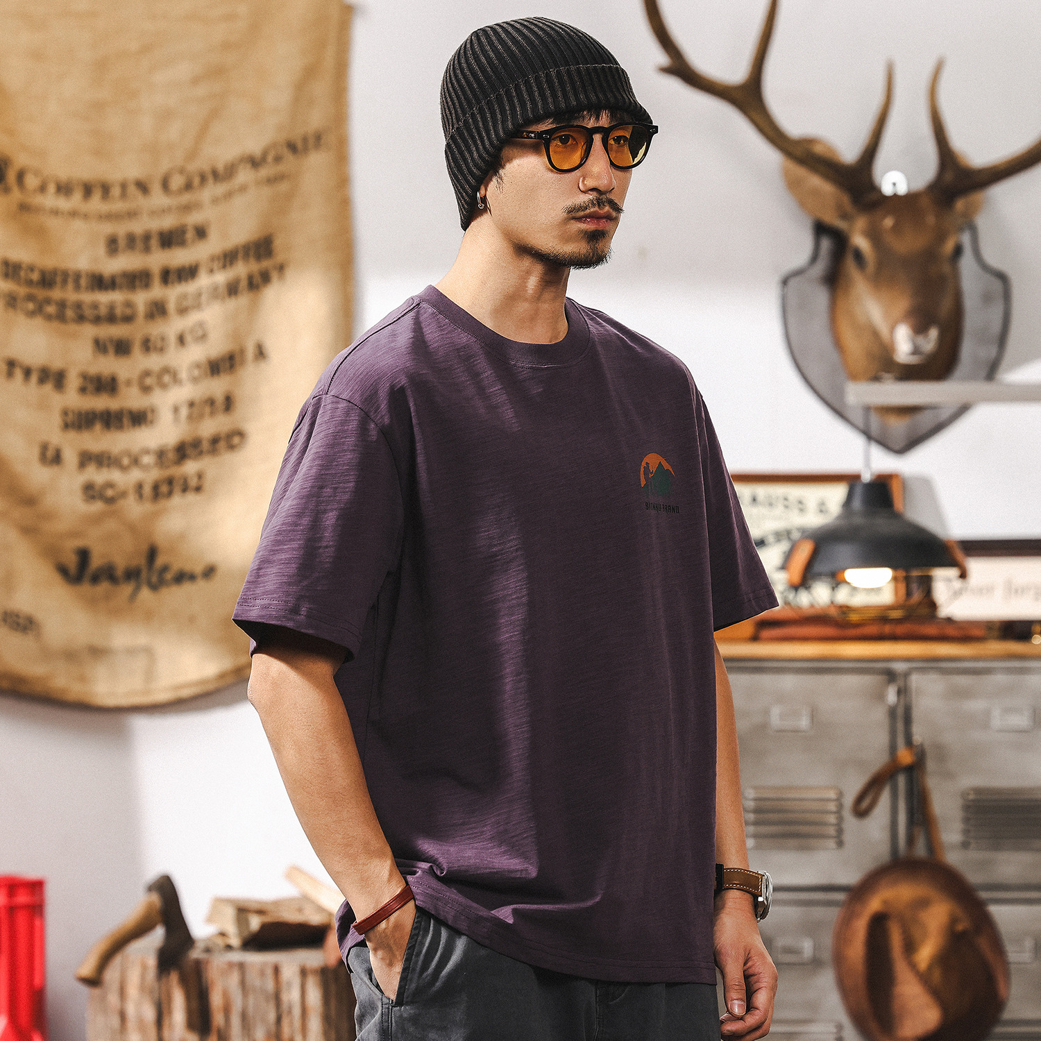 高級感竹節肌理短袖T恤男夏季潮牌美式復古戶外山系紫色休閒上衣T