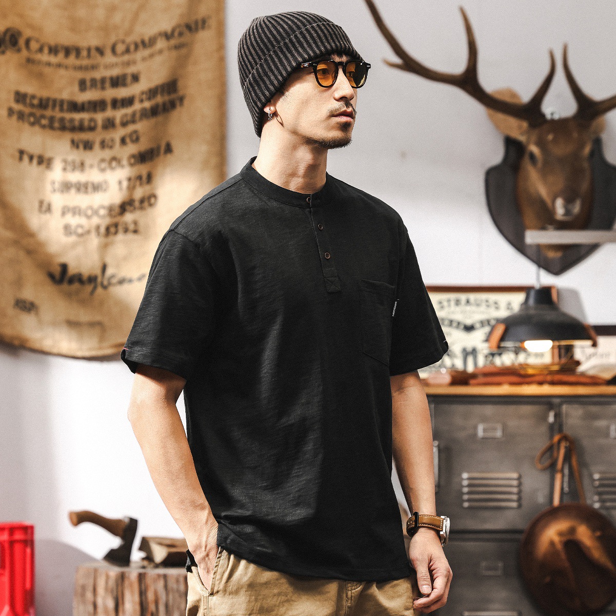 美式復古竹節棉短袖T恤男夏季2025新款T潮流亨利領阿美咔嘰POLO衫