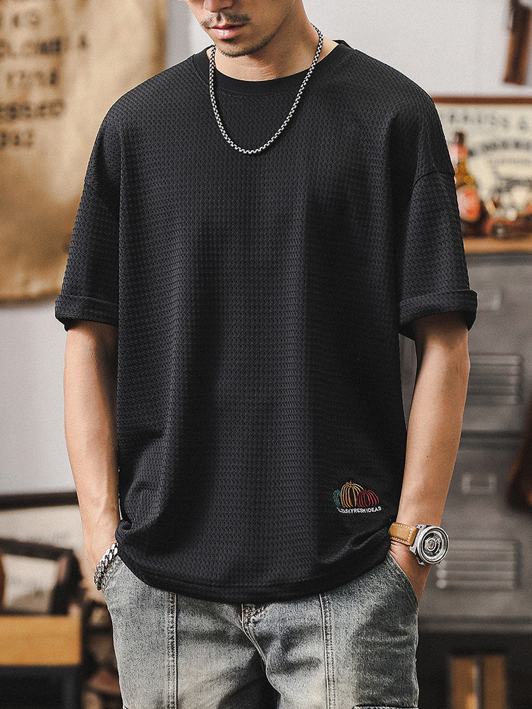 夏季薄款冰絲涼感短袖男2024新款潮牌格紋男士T恤寬鬆垂感半袖男