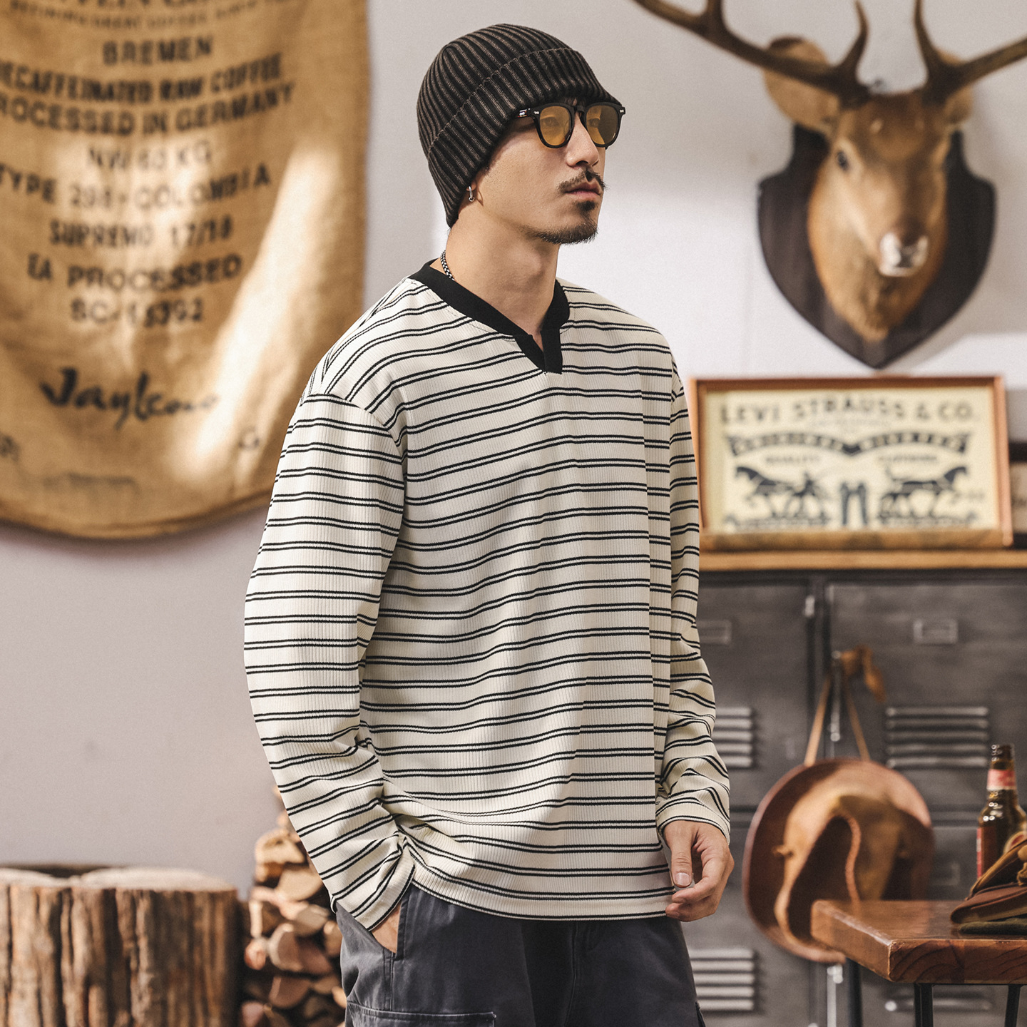 美式復古海魂條紋長袖t恤男2025新款秋季潮牌設計感寬鬆v領上衣男