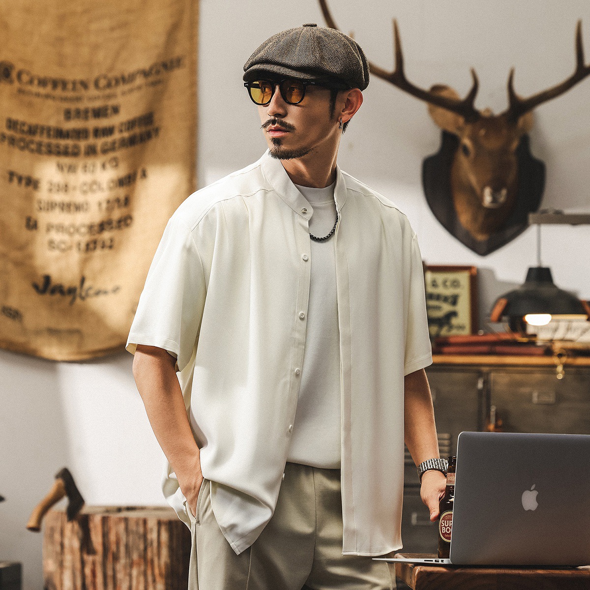 高級感夏季薄款襯衫男士痞帥潮流極簡風立領寬鬆休閒短袖襯衣外套