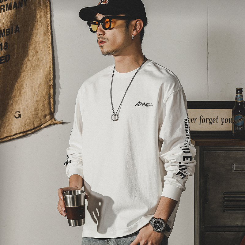 美式重磅T恤男長袖秋季潮牌ins寬鬆尺碼上衣山系男裝潮