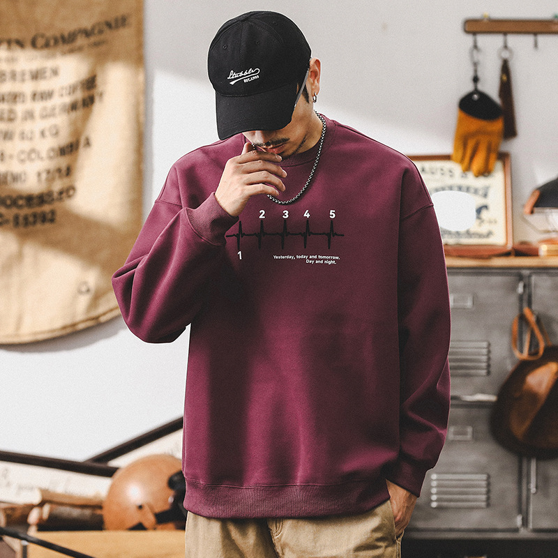 美式潮牌重磅酒紅色衛衣男款2024新款秋季寬松印花套頭休閑上衣男