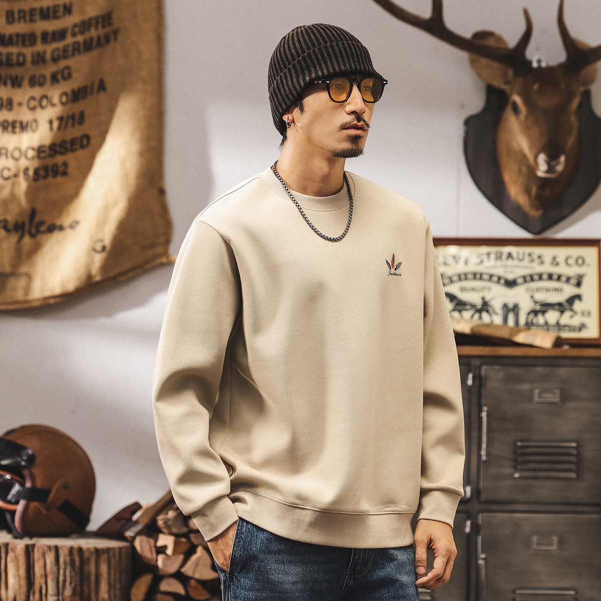 美式復古360g重磅衛衣男春秋新款潮流印花寬鬆圓領套頭長袖上衣男