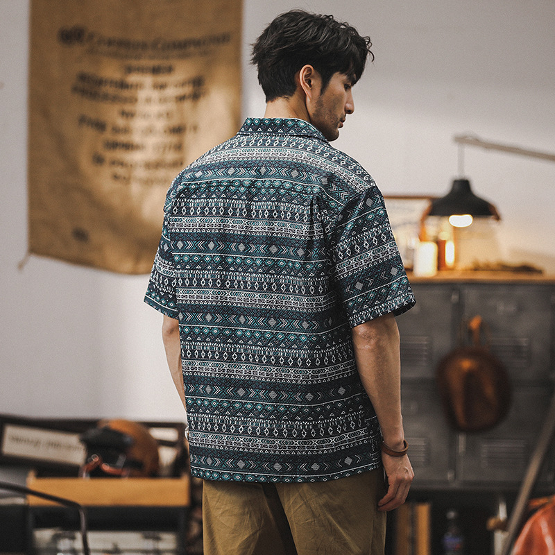 夏威夷短袖花襯衫男2024新款美式戶外休閒寬鬆透氣涼感泡泡紗襯衣