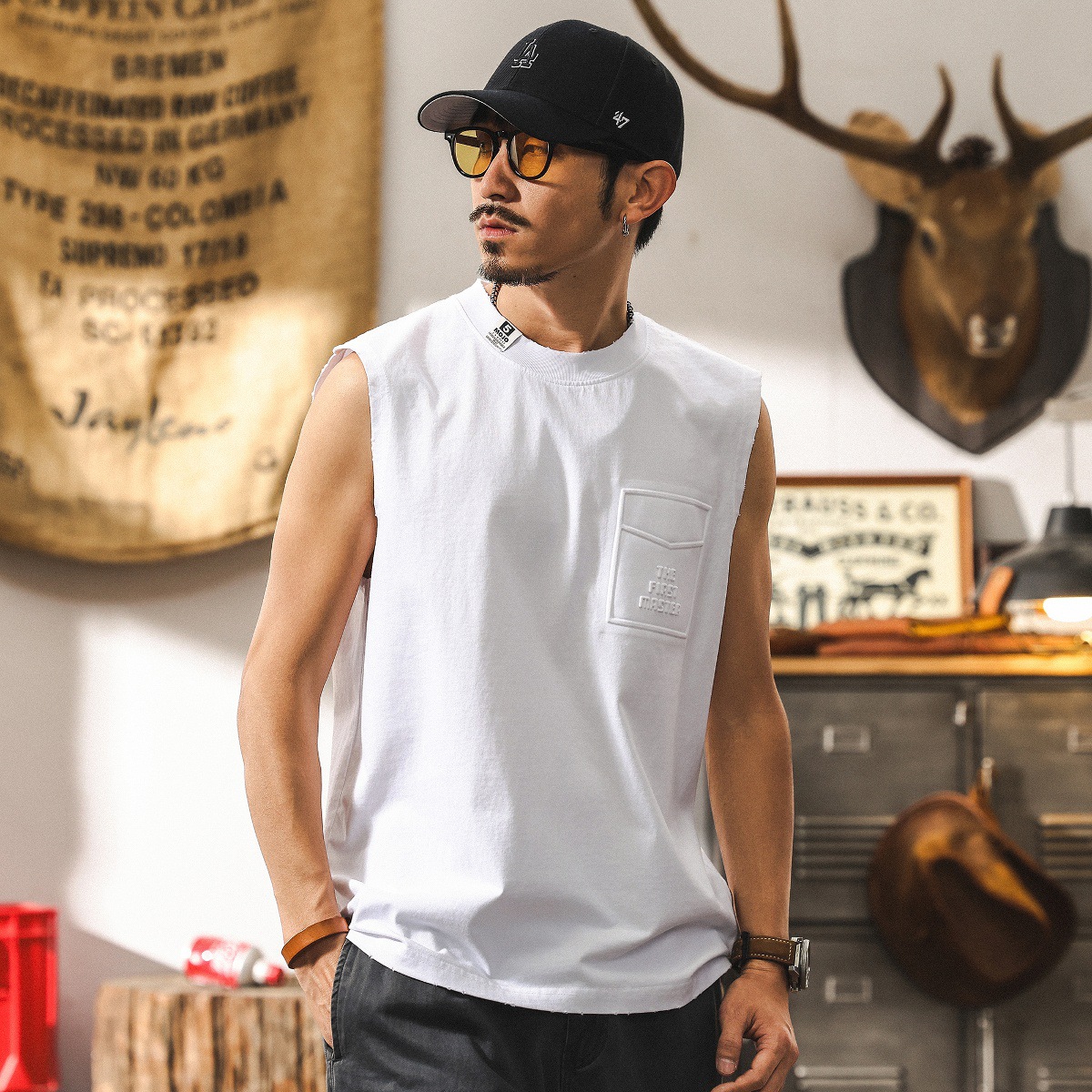 磨毛運動健身坎肩背心男款夏季2025新款潮牌寬鬆大碼男士上衣T恤