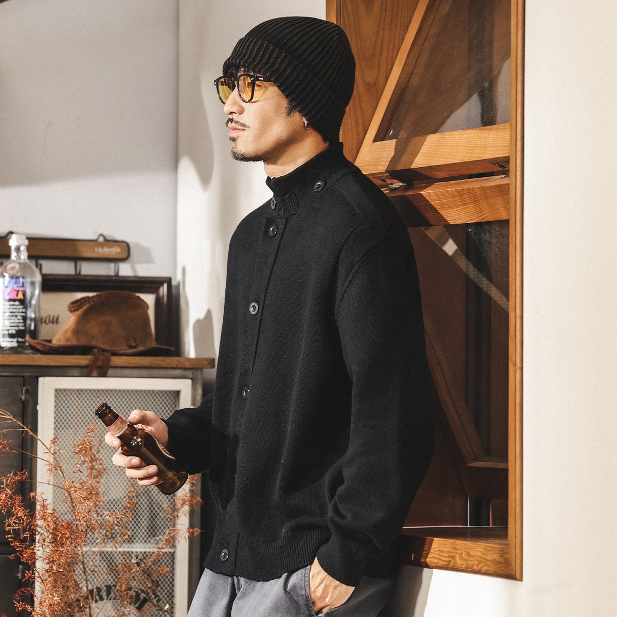 美式復古黑色開衫毛衣男春秋2025新款寬鬆慵懶針織衫外套男士秋冬