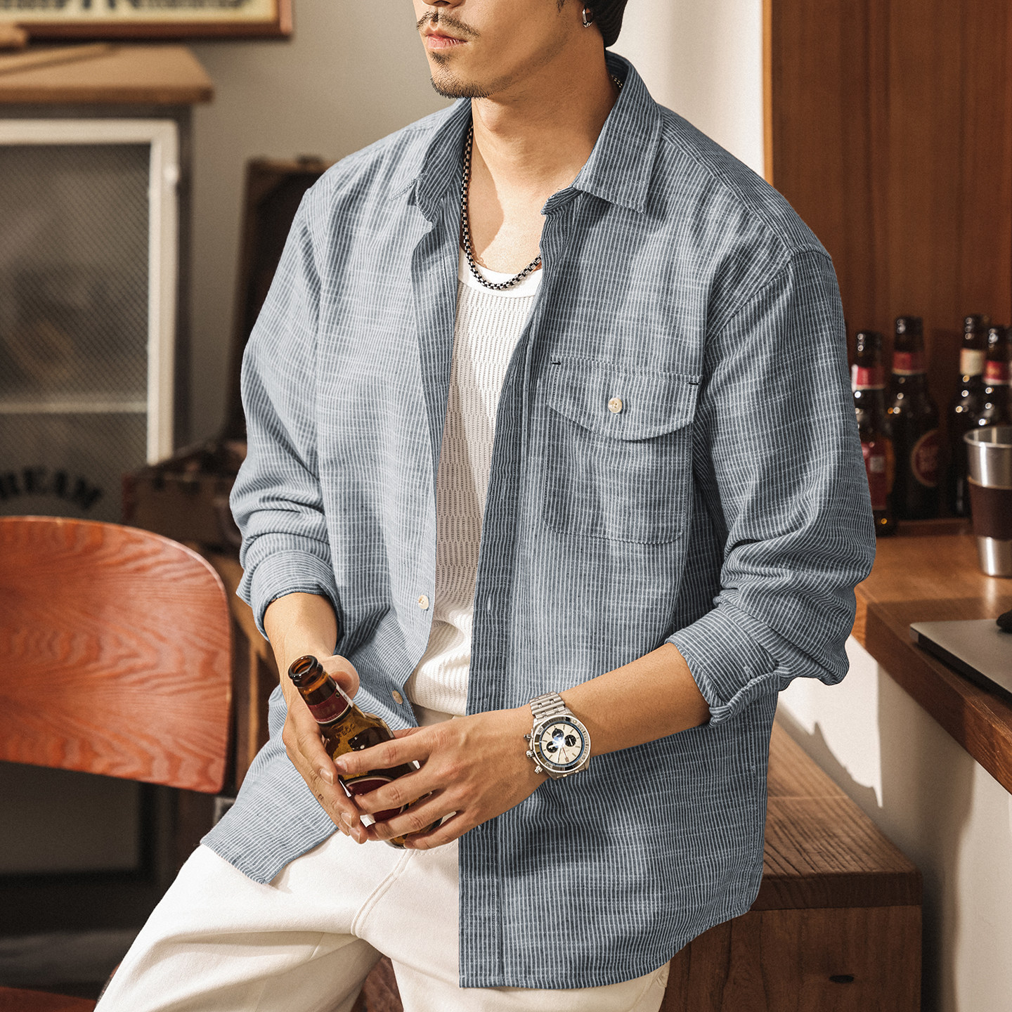 美式復古竹節紋透氣亞麻男士襯衫春季新款寬鬆長袖條紋襯衣男薄款