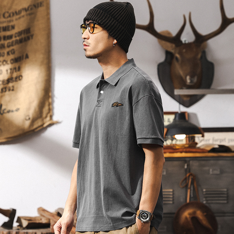 美式復古做舊炒砂水洗POLO衫男士重磅T恤男短袖夏季潮流寬鬆上衣T