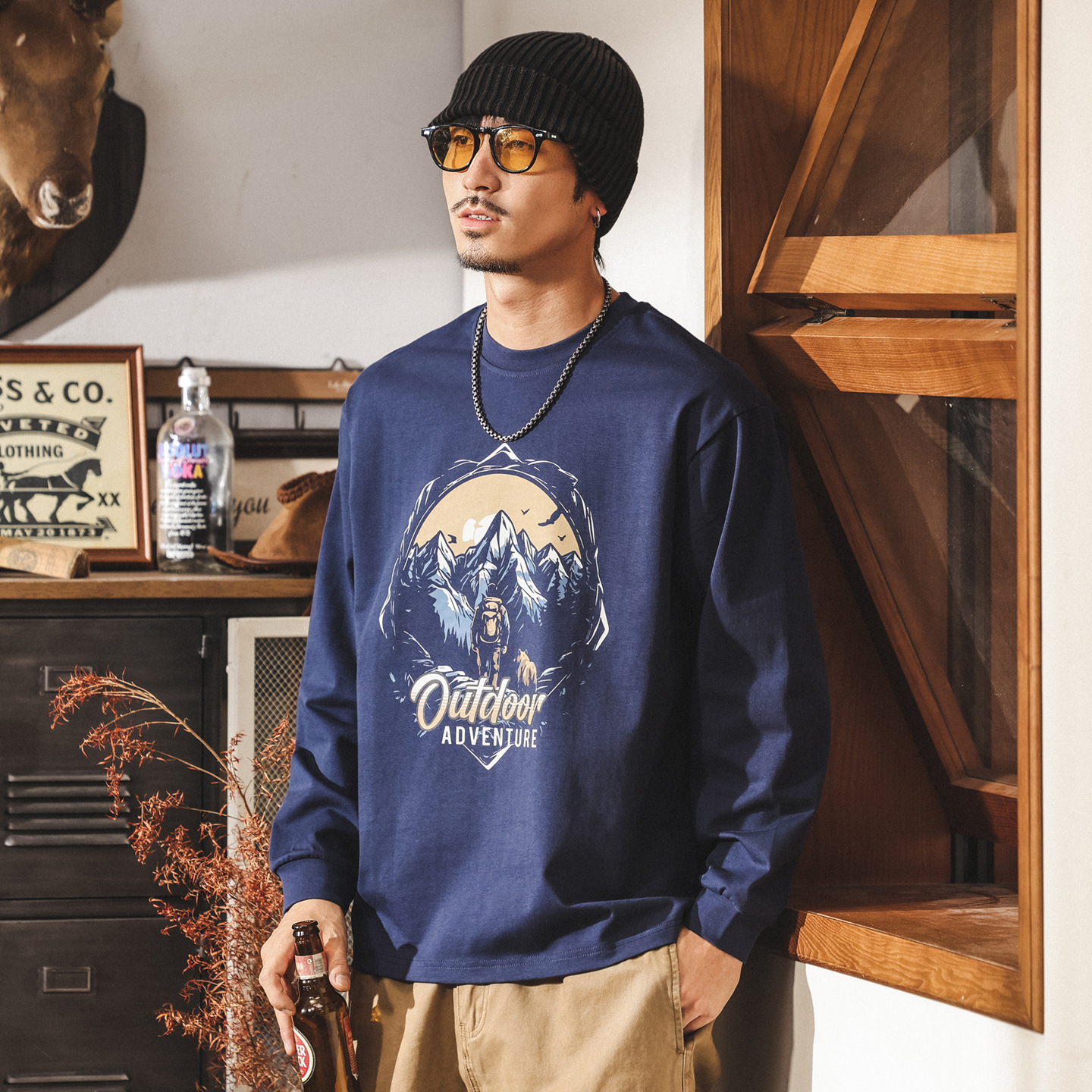 美式復古300g重磅長袖t恤男秋季潮牌山系男裝寬鬆大碼休閒上衣男T