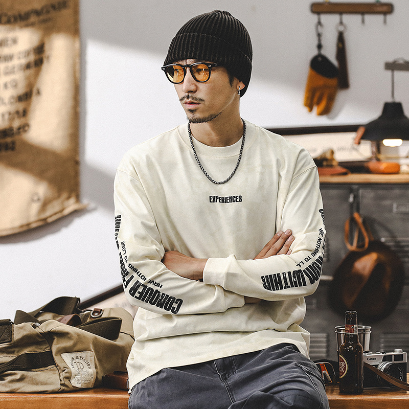 美式復古重磅長袖T恤男秋季2024新款潮牌雲染印花寬鬆休閒上衣男T