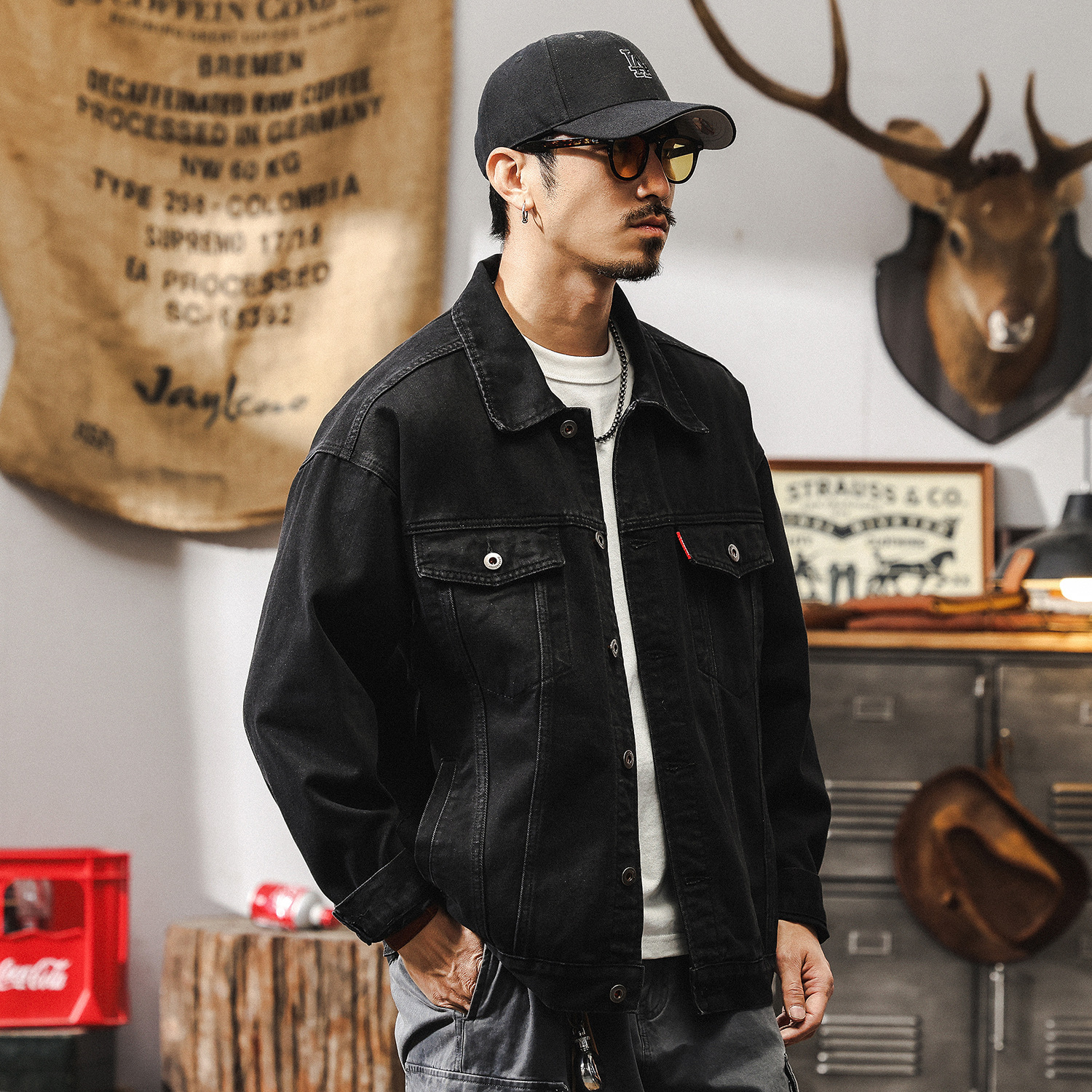 美式復古黑色牛仔外套男春秋2025新款潮牌痞帥寬鬆大碼工裝夾克潮