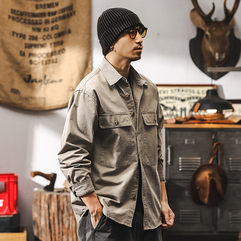 美式復古工裝襯衫男春季2025新款潮牌戶外硬漢長袖襯衣外套男
