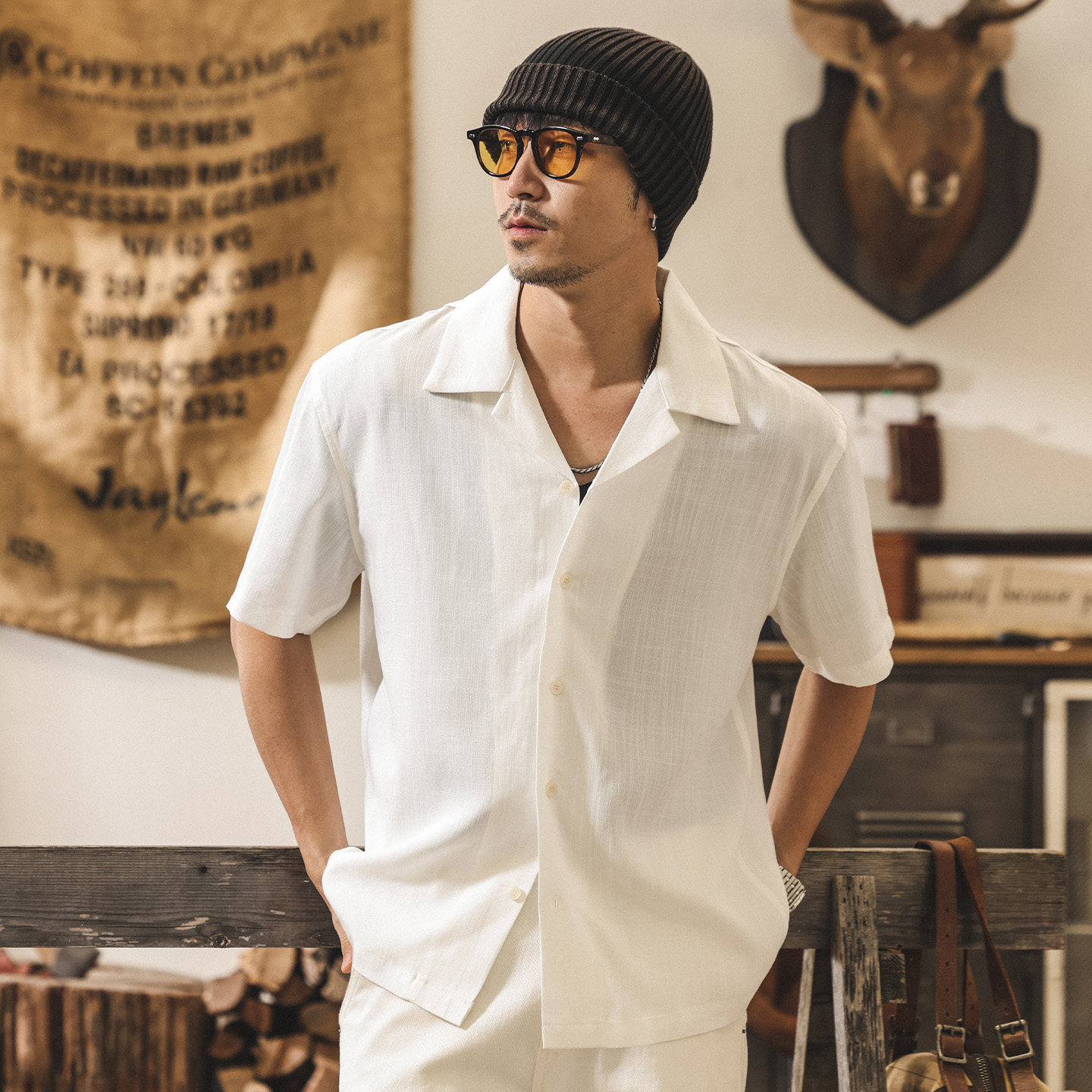 萊賽爾古巴領亞麻短袖襯衫男夏季薄款2026新款美式慵懶老錢風襯衣