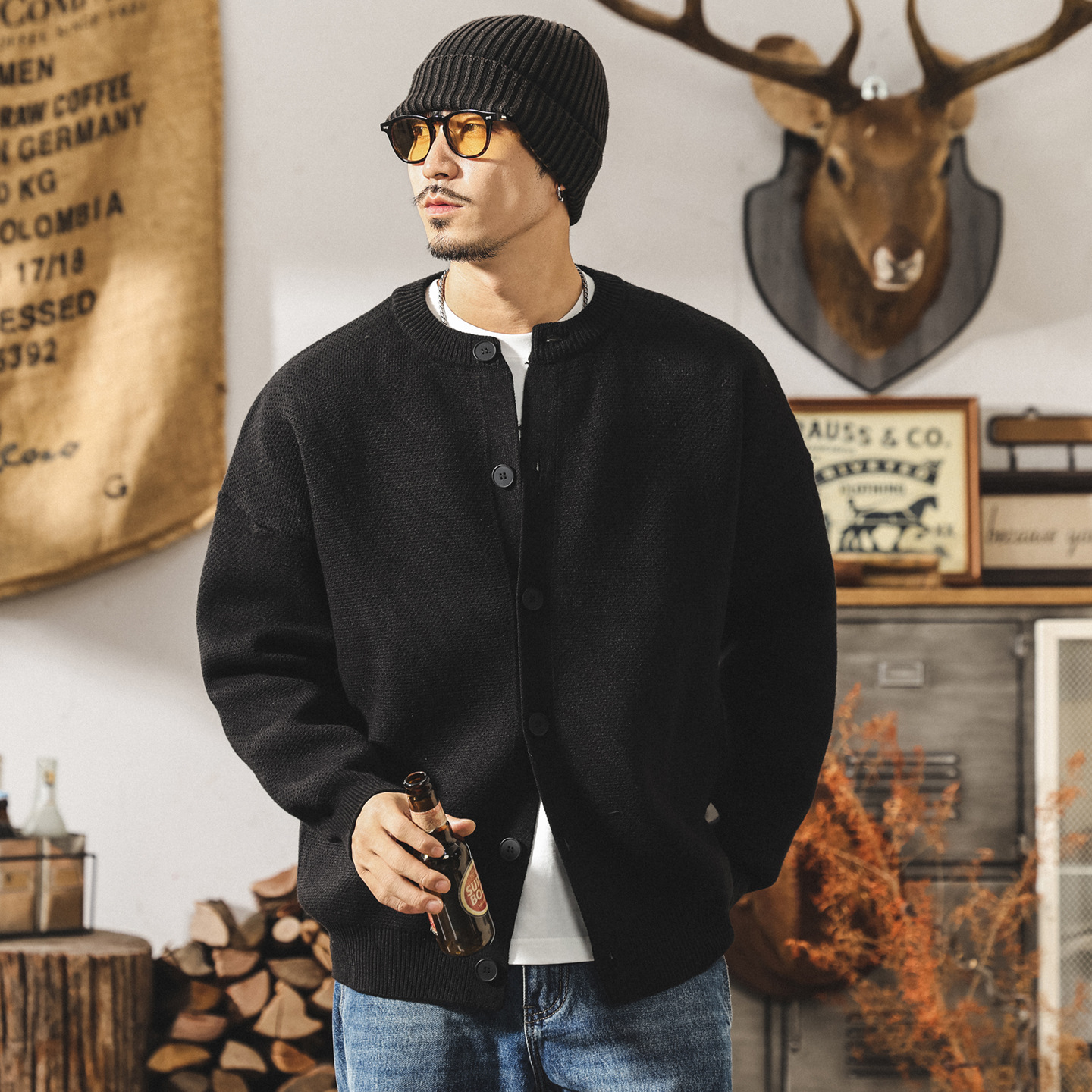 美式復古加厚開衫毛衣男款冬季保暖毛線衣男士寬鬆潮牌針織衫外套