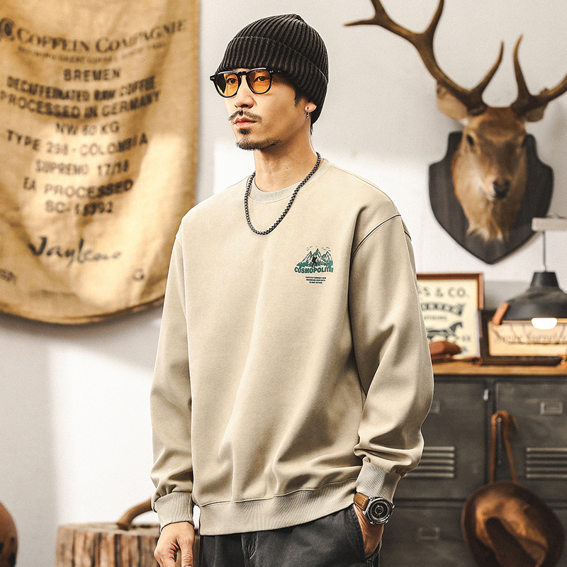 美式復古卡其色350g重磅衛衣男秋冬款潮牌戶外山系慵懶風寬鬆上衣