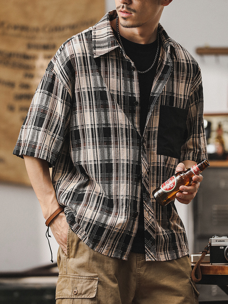 美式復古格子襯衫男高級感2024新款寬鬆潮牌短袖男夏季沙灘襯衣男