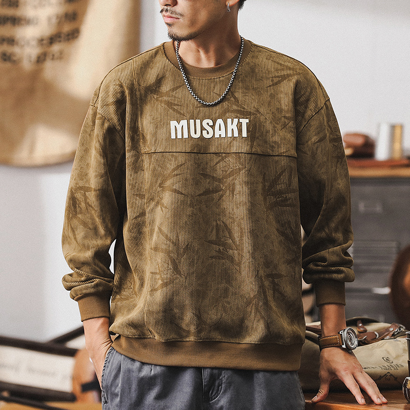 美式複古重磅衛衣男款潮牌秋季衣服寬松條紋肌理印染男士休閑上衣