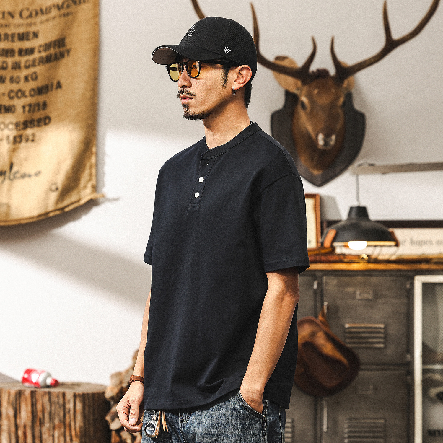 美式復古300g重磅T恤男夏季亨利領短袖男士polo衫潮牌寬鬆上衣男