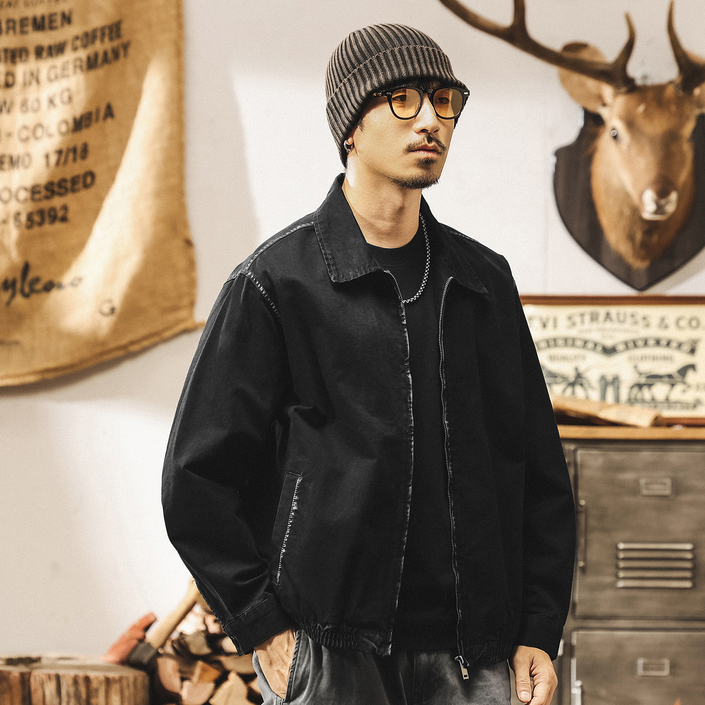 美式復古工裝教練夾克男寬鬆秋季新款塗染明線潮牌帥氣春秋外套男