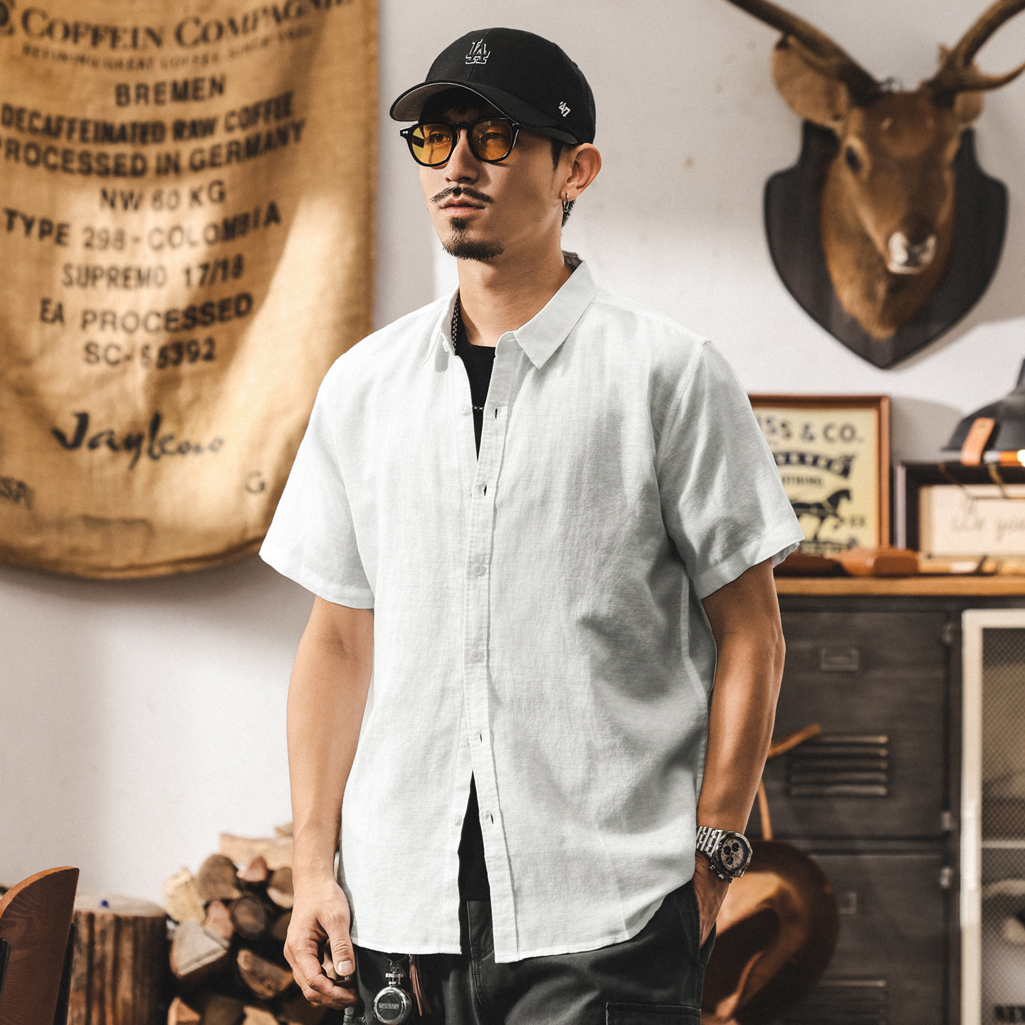 高級感中式國風亞麻短袖襯衫男夏季新款2025寬鬆休閒半袖薄款襯衣