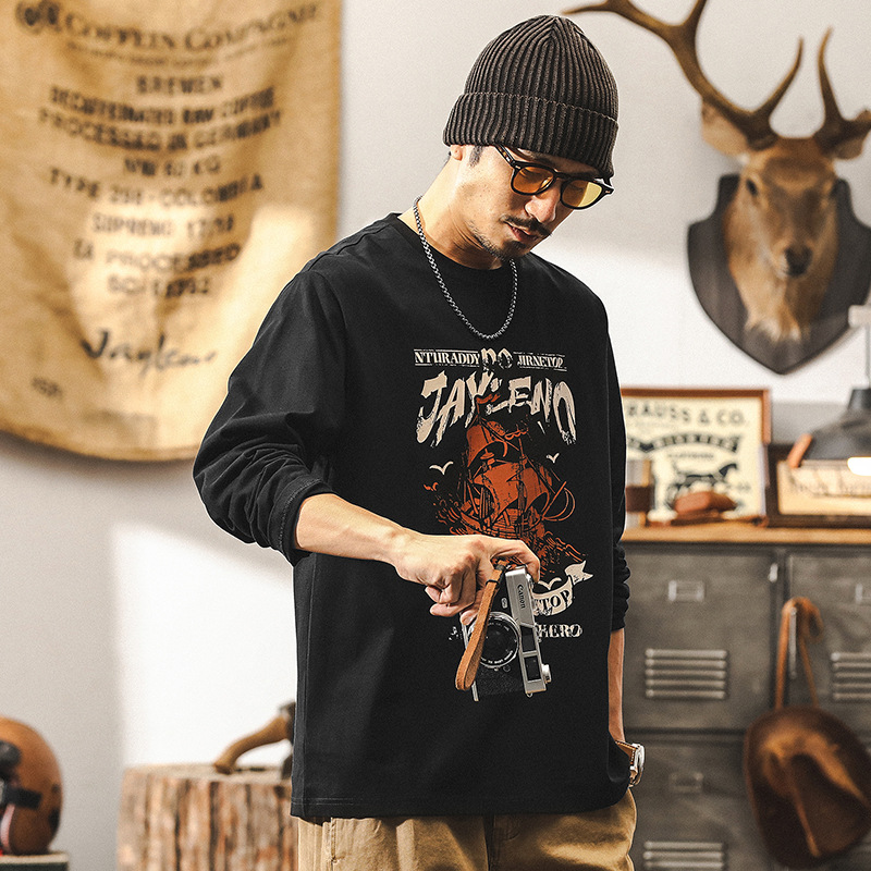 美式復古260g重磅長袖T恤男秋季潮流印花體恤男士酒紅色上衣