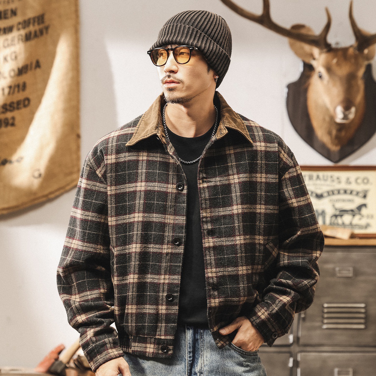 美式復古重磅毛呢夾克男秋季潮流帥氣寬鬆老錢風秋冬綿羊毛外套男